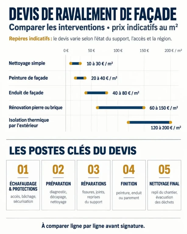 Infographie des prix et postes inclus dans un devis de ravalement de façade