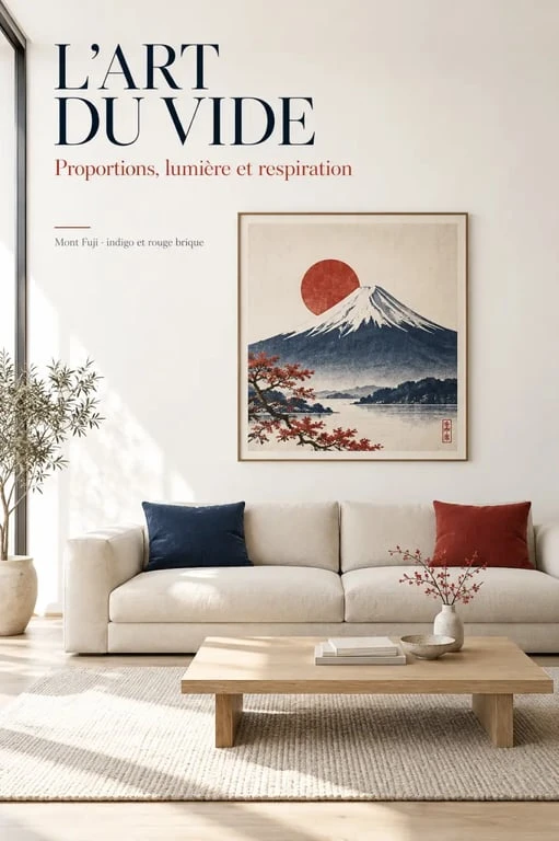 Tableau japonnais représentant le Mont Fuji dans un salon contemporain