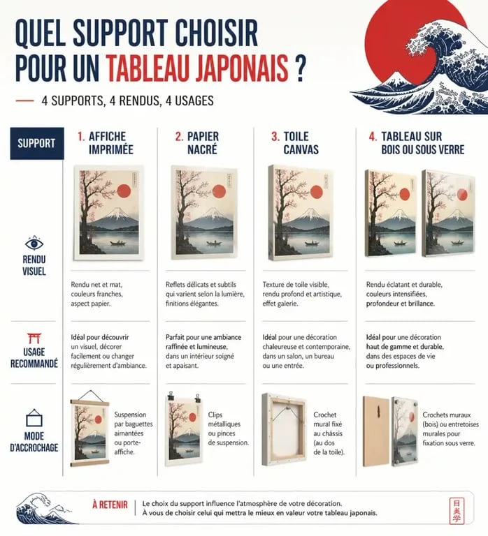 Comparaison des supports pour des tableaux japonnais : affiche, papier nacré, toile canvas et tableau encadré