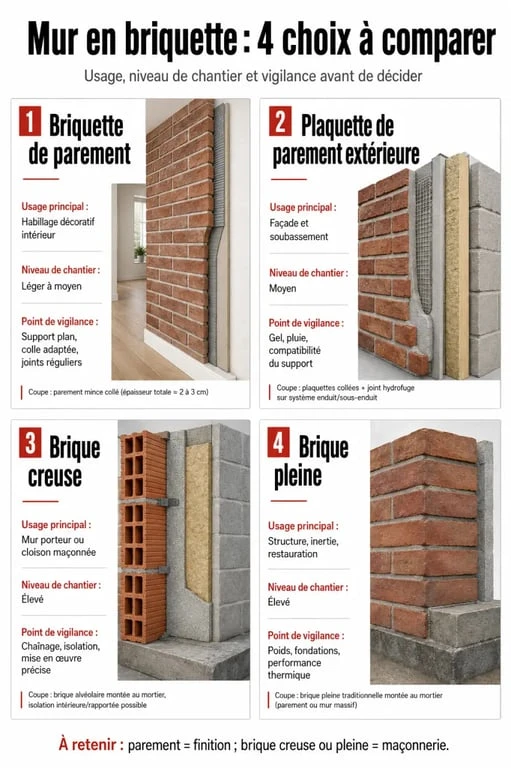 Mur en briquette : comparaison visuelle entre briquette de parement, brique creuse et brique pleine