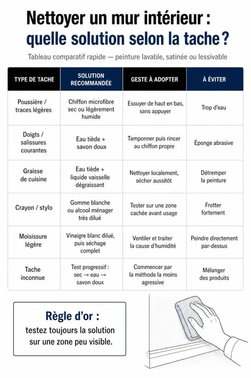 Tableau comparatif des solutions pour nettoyer un mur intérieur selon la tache