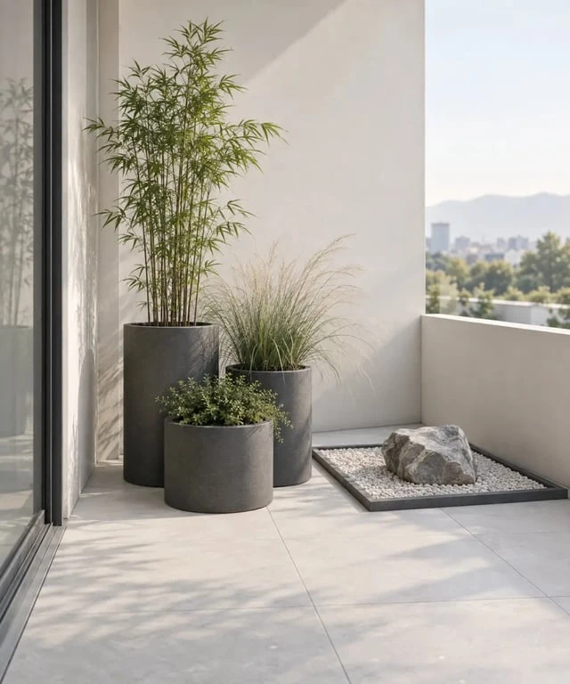 Décoration de jardin zen sur balcon avec bambou compact, graminée et pots sombres