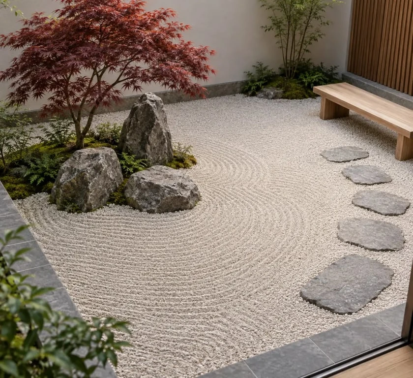 Décoration de jardin zen avec graviers ratissés, rochers, érable du Japon et pas japonais