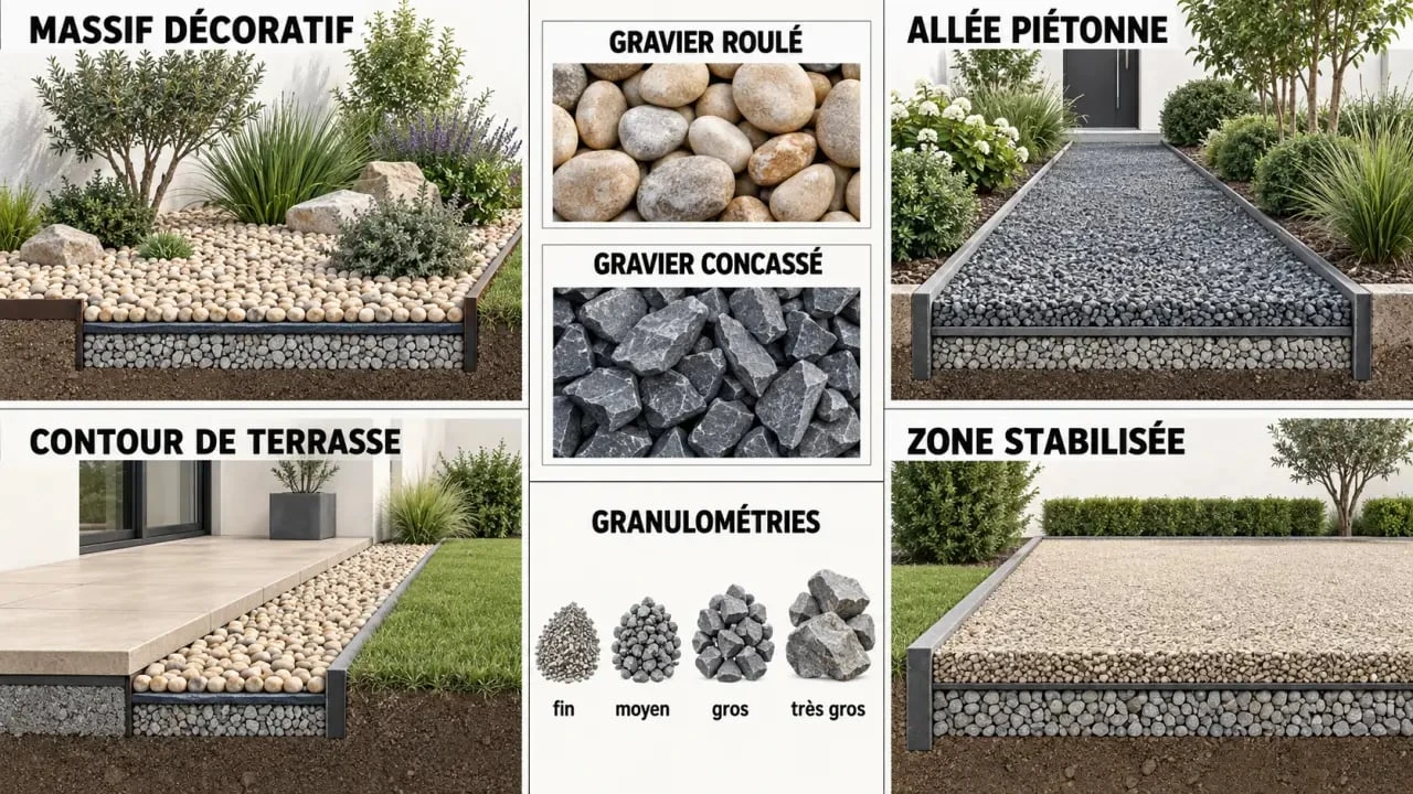 Illustration de deco gravier pour massif, allée, terrasse et zone stabilisée