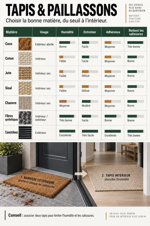 Infographie comparative des matières pour choisir un tapis et paillasson intérieur ou extérieur