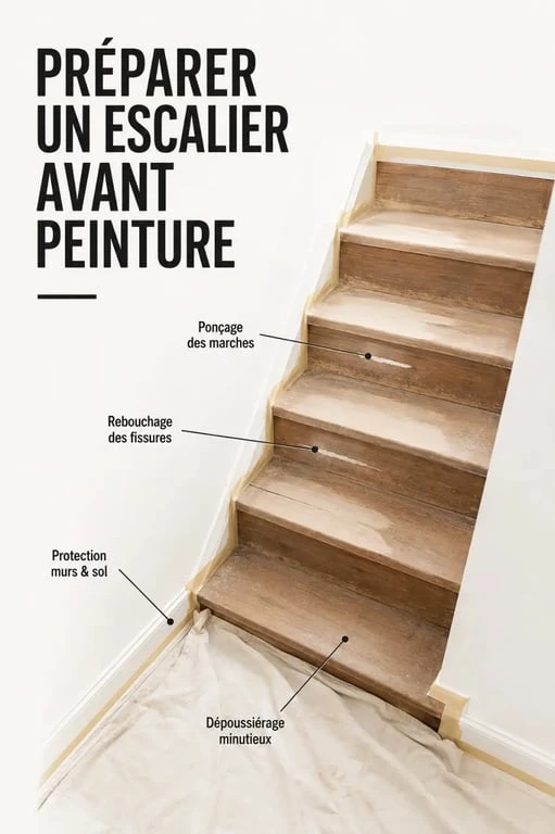 Préparation pour peindre un escalier bois avec ponçage et protection des marches