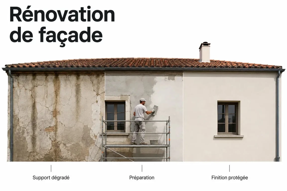 Rénovation façade maison : chantier de diagnostic, réparation et finition sur une maison