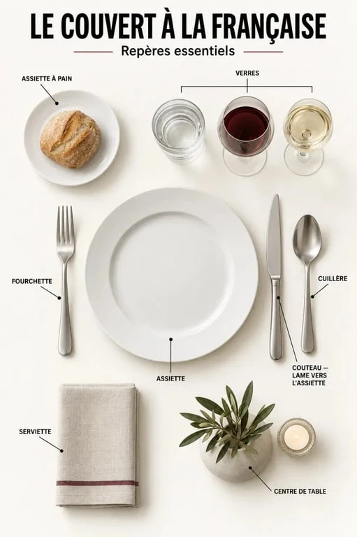 Infographie du dressage des tables à la française avec placement des assiettes, couverts, verres et assiette à pain