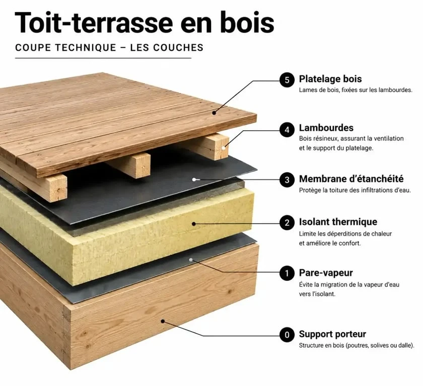 Schéma technique de la structure d'un toit-terrasse bois avec étanchéité