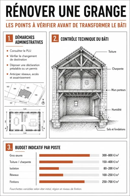 Rénover une grange : infographie des démarches, des contrôles techniques et du budget