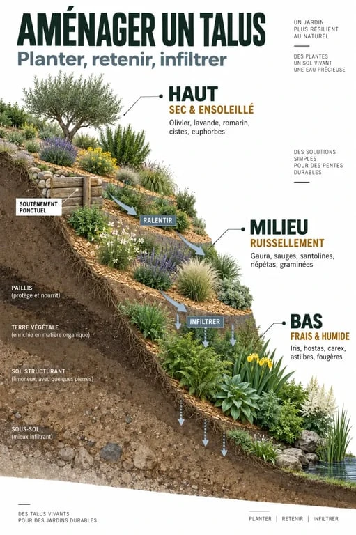 Infographie sur l'aménagement d'un talus avec zones de plantation, courbes de niveau et maîtrise du ruissellement