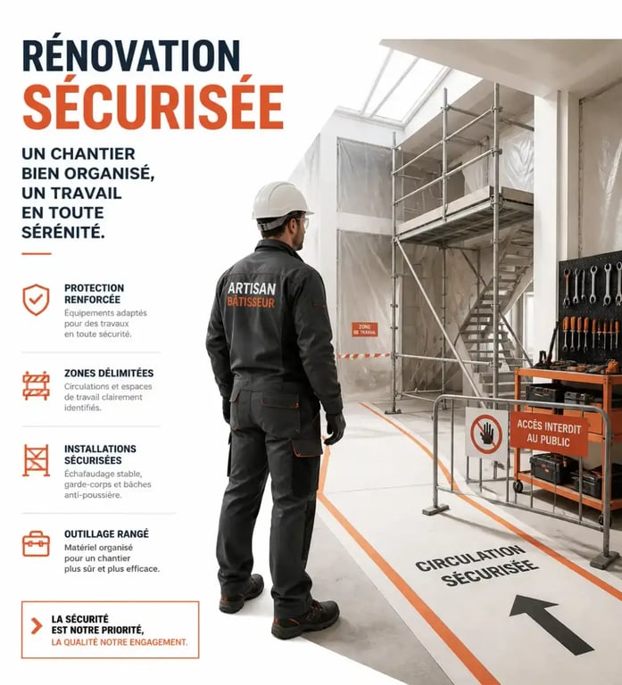 Comment sécuriser son chantier de rénovation en tant qu'artisan : illustration d'un chantier protégé avec zones balisées et équipements de sécurité