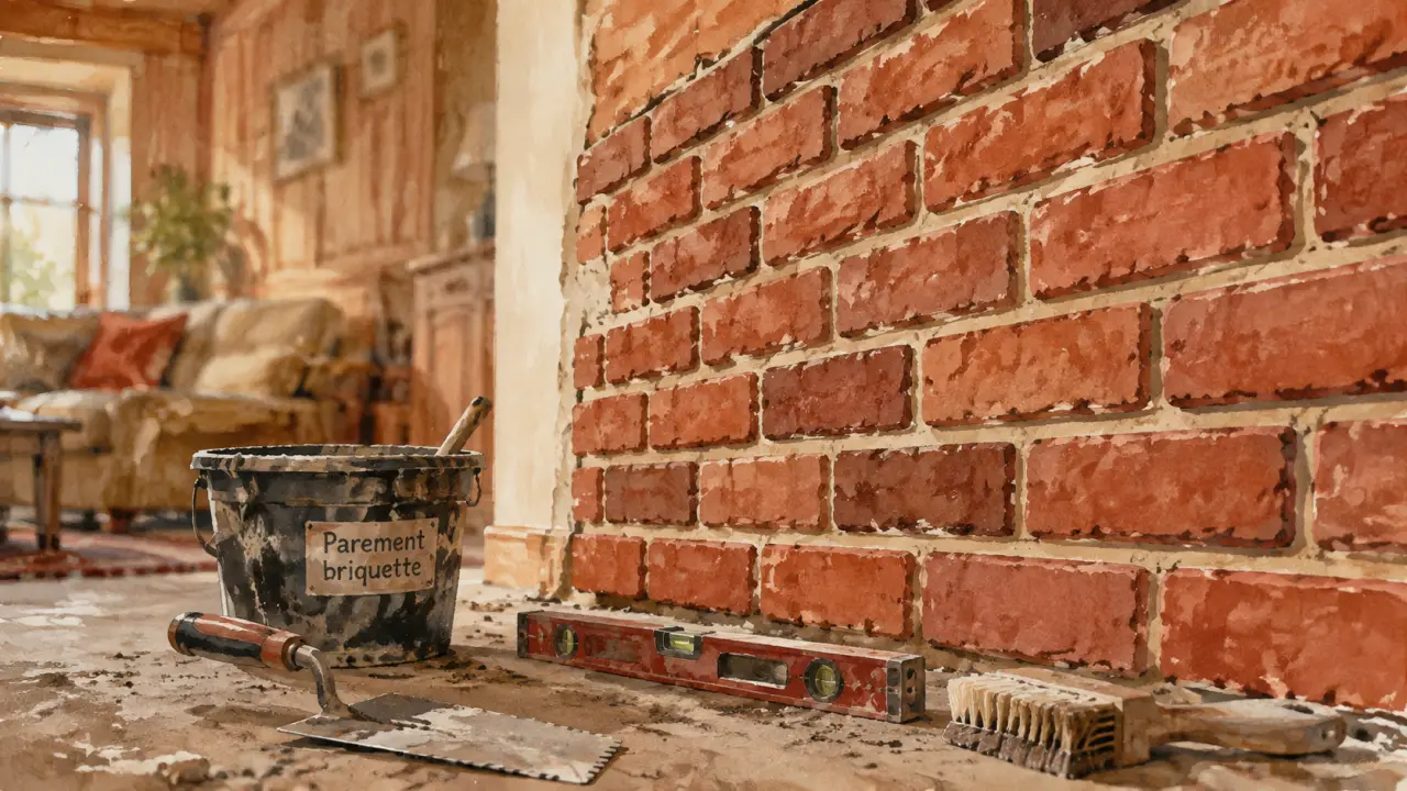 Mur en briquette avec parement rouge, outils de pose visibles