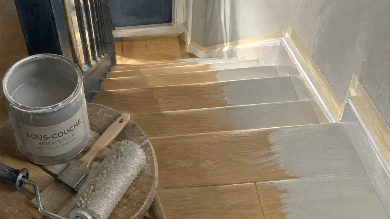 Peindre un escalier bois, sous-couche et masquage sur marches poncées