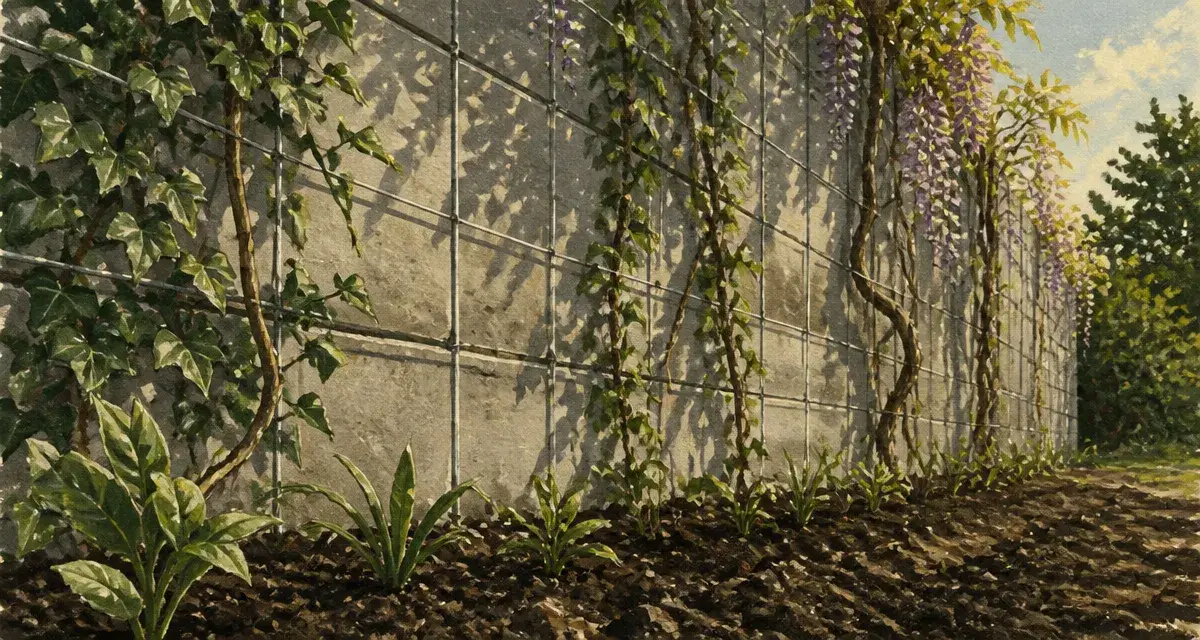 Plante pour cacher un mur : lierre et glycine grimpants sur treillage