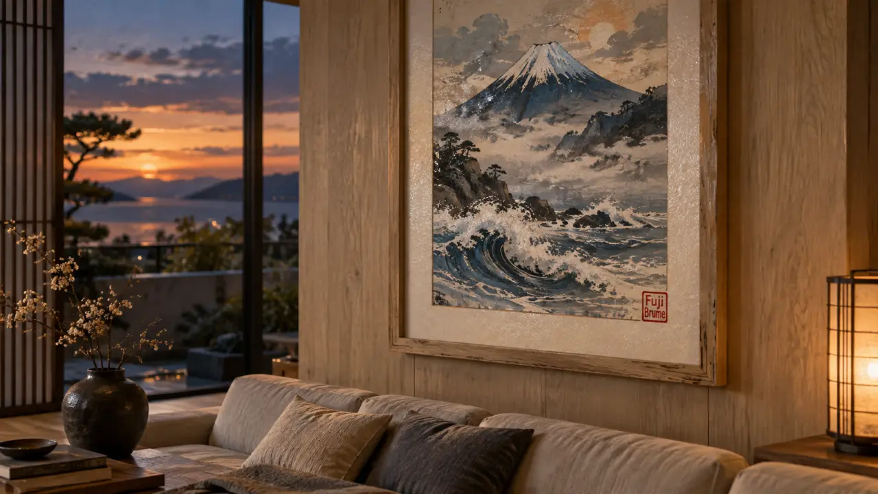 Tableaux japonnais Fuji Brume, tableau vertical sur mur clair