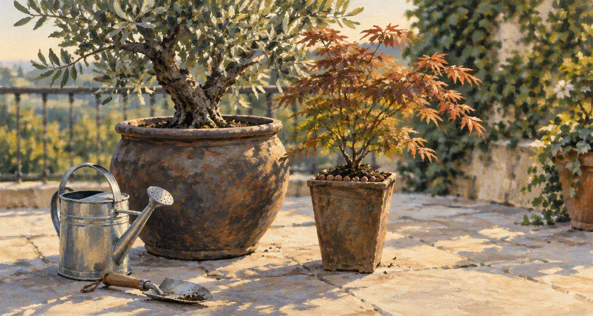 Arbre terrasse pot : olivier en grand bac et érable du Japon
