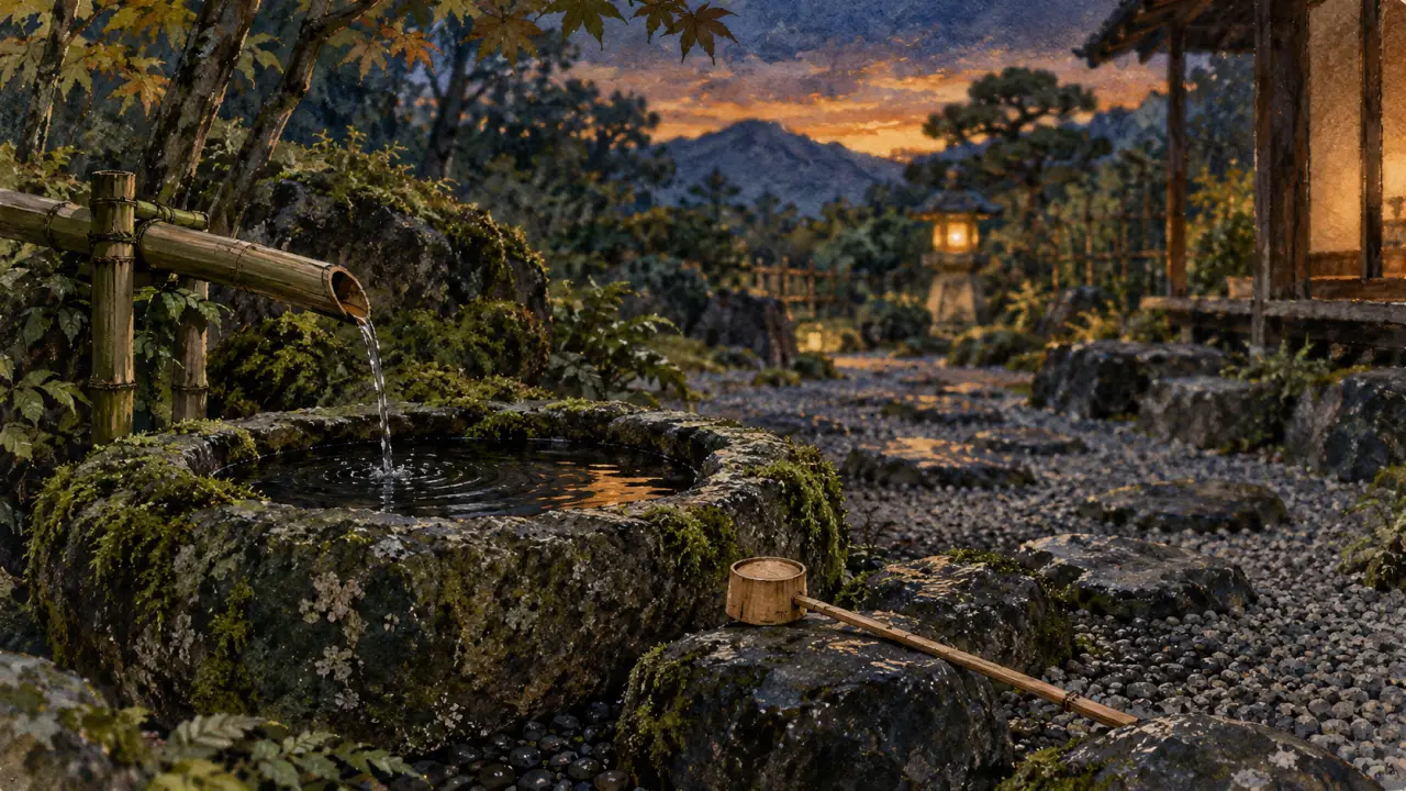 Bassins japonais : tsukubai en chozubachi de pierre avec eau au jardin