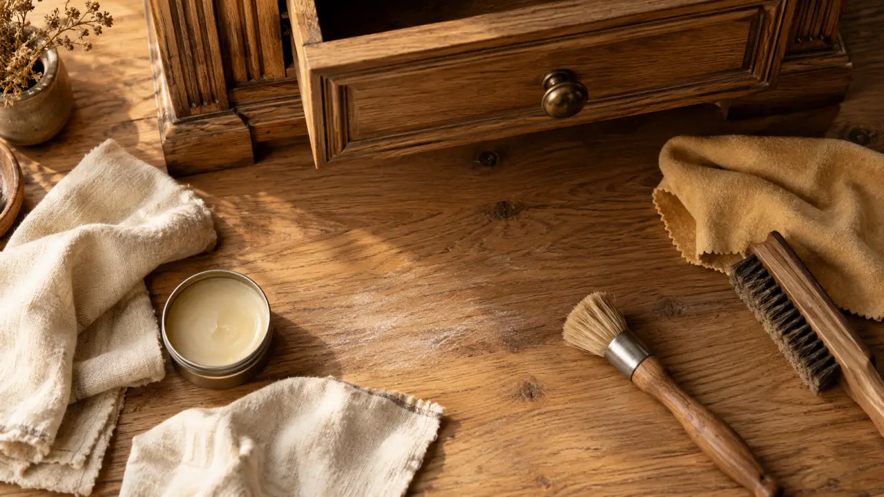 Cire un meuble en bois : voile de cire satinée sur chêne, lustrage