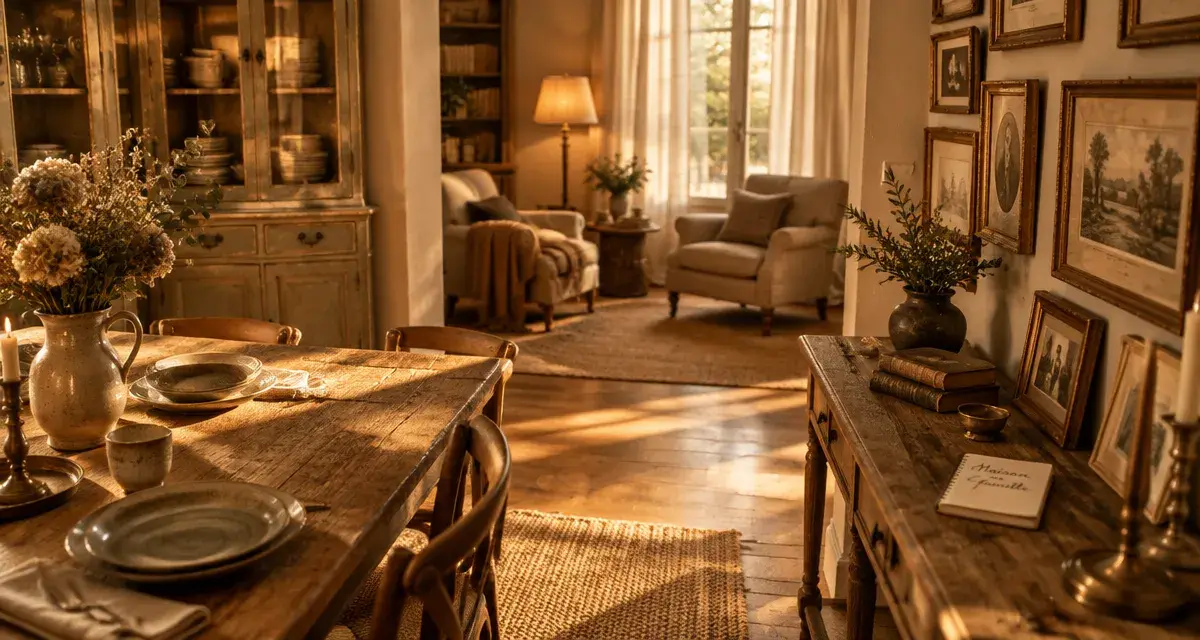 Déco maison de famille : salon avec table en bois ancien et souvenirs, lumière dorée