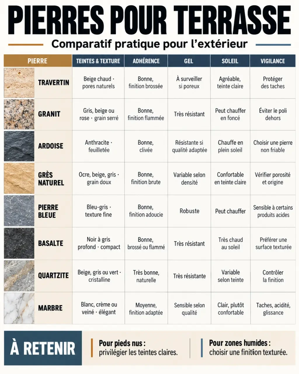 Infographie comparative des pierres pour terrasse extérieure selon leur aspect, leur adhérence et leur résistance au gel