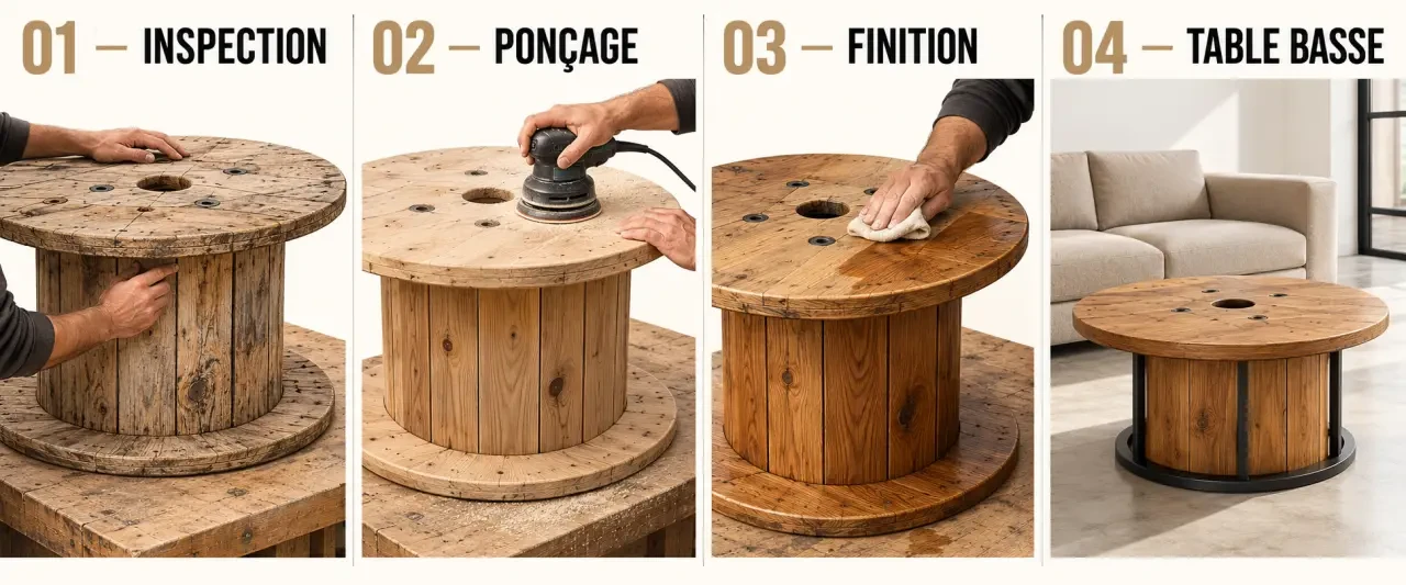 Transformation d’un touret en table basse, du ponçage à la finition