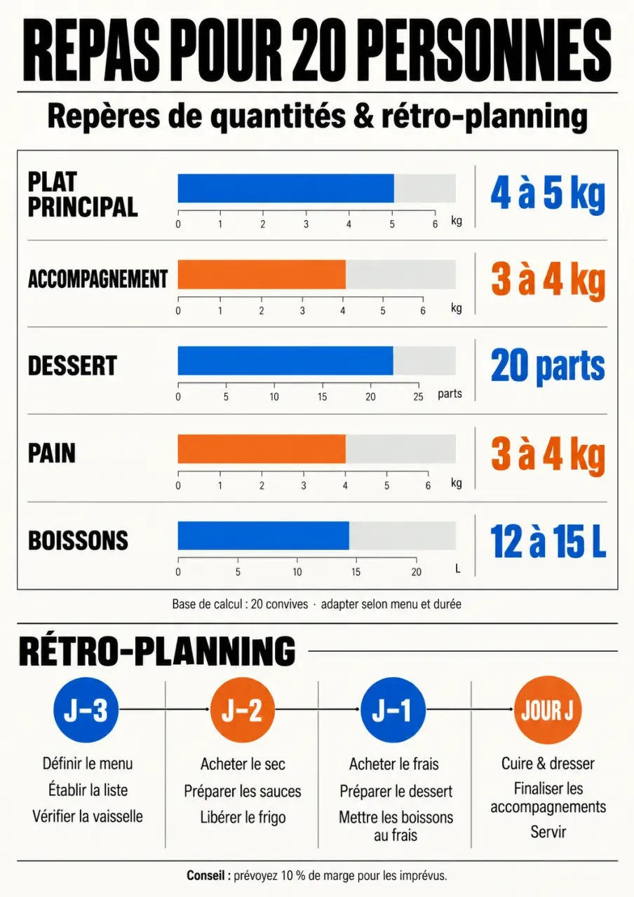 Infographie pour organiser un repas 20 personnes avec quantités et rétro-planning