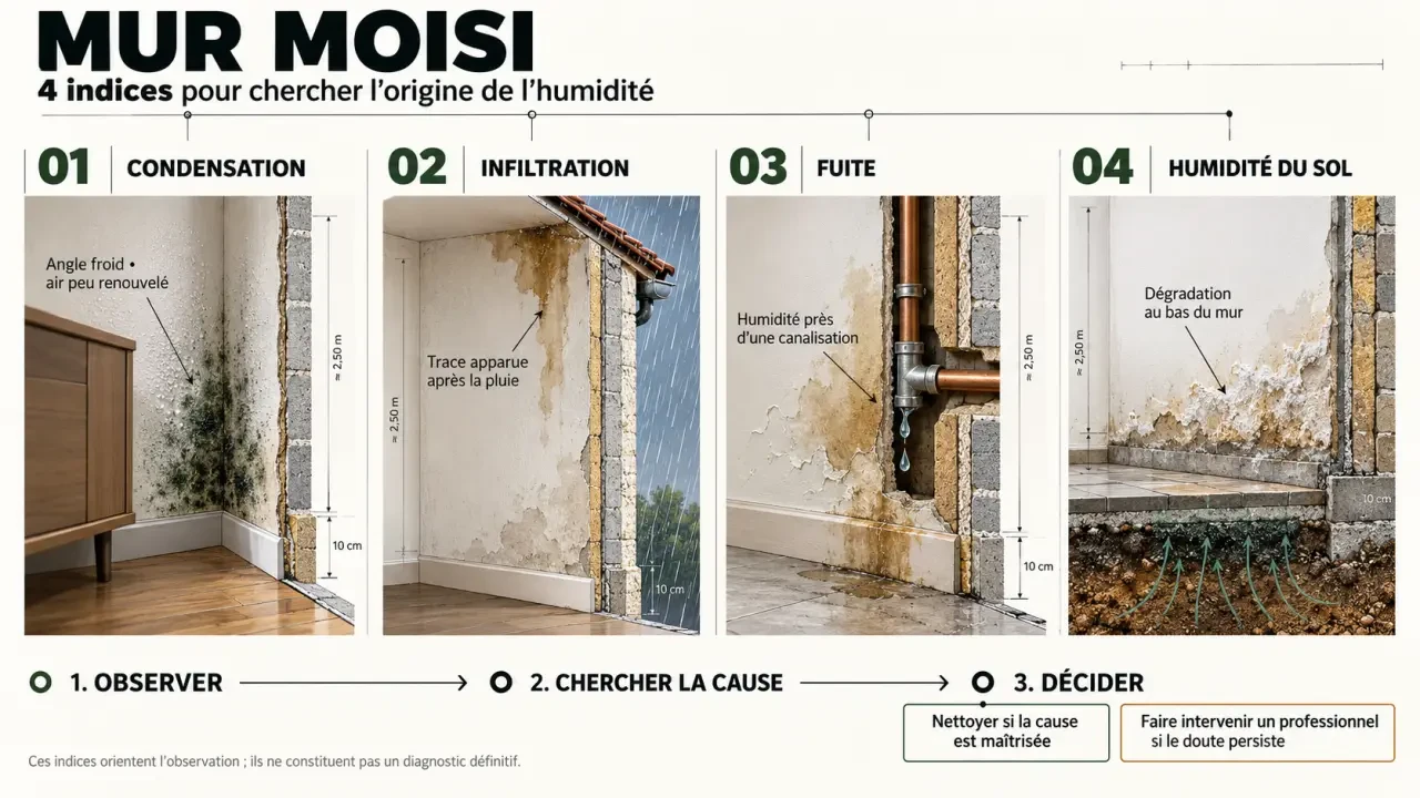 Diagnostic visuel d’un mur moisi selon la localisation des taches et la cause possible
