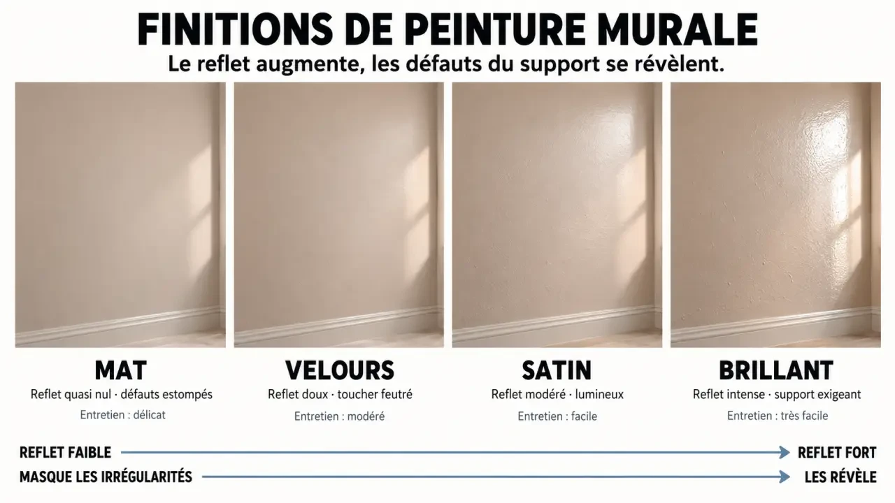 Infographie comparative des finitions de peinture couleur mur, du mat au brillant
