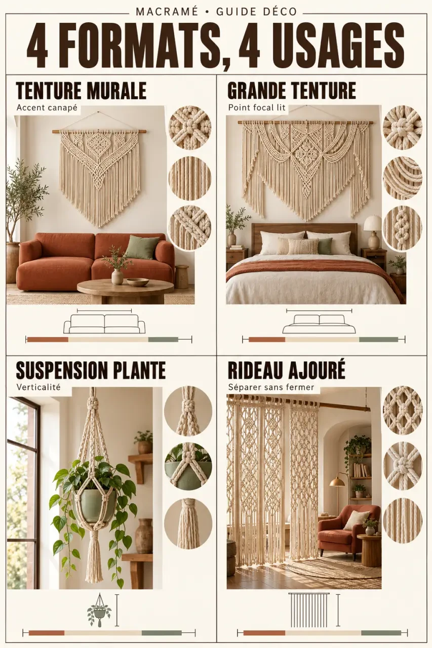Déco macramé : comparaison des formats tenture murale, suspension, rideau et grande décoration