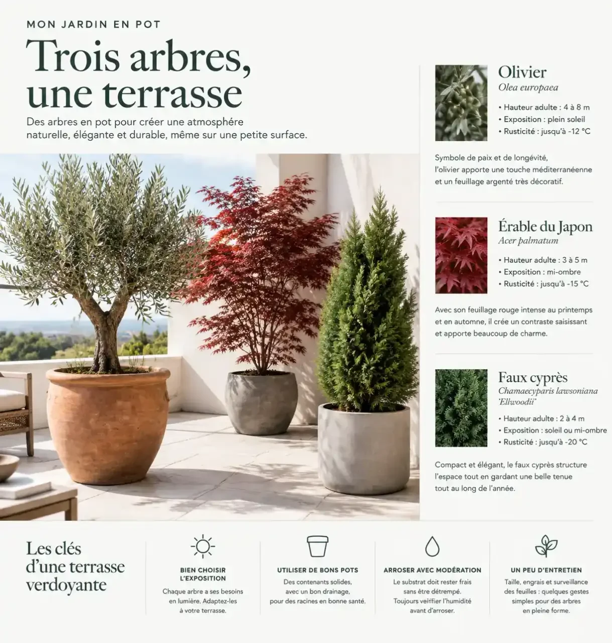 Arbre terrasse pot : olivier, érable du Japon et faux cyprès cultivés en pots sur une terrasse