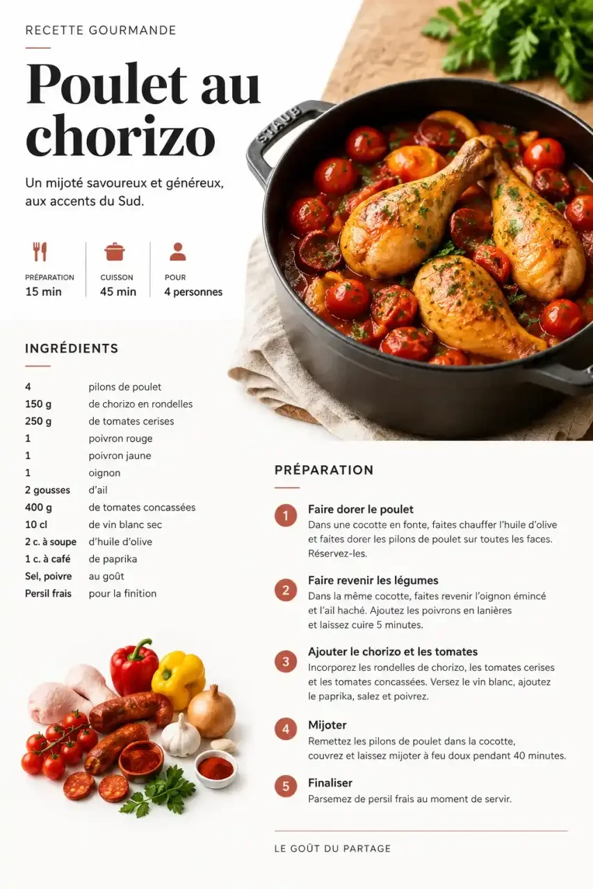Plats mijotés poulet : mijoté de poulet au chorizo et tomates cerises dans une cocotte en fonte