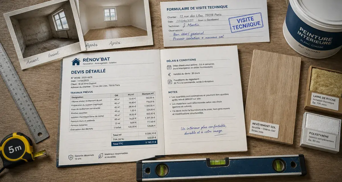 Entreprise travaux d'intérieur : devis, niveau et échantillons de revêtement