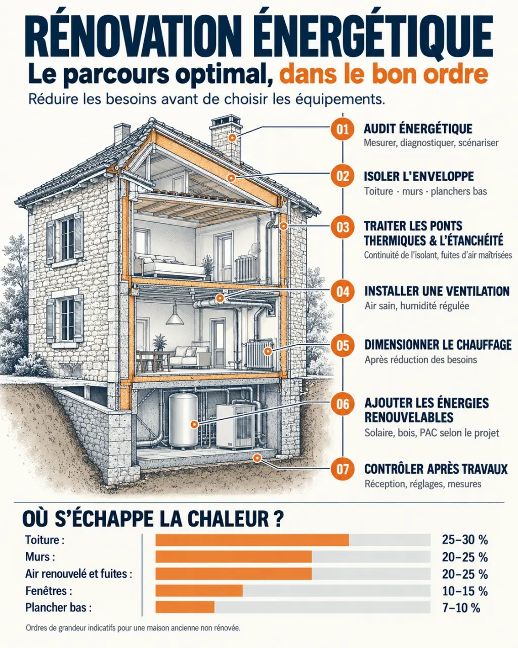 Infographie sur la performance énergétique lors d’une rénovation complète, de l’audit au contrôle après travaux