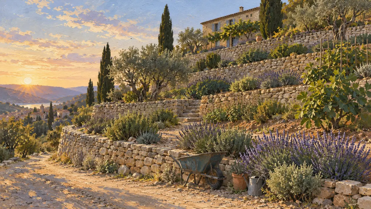 Jardin restanque avec terrasses empierrées sur pente