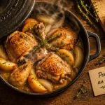 Plats mijotés cocotte : poulet au cidre en fonte fumante, vapeur et thym