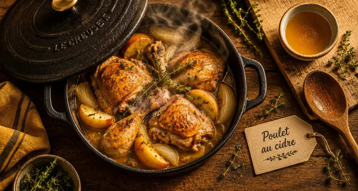 Plats mijotés cocotte : poulet au cidre en fonte fumante, vapeur et thym