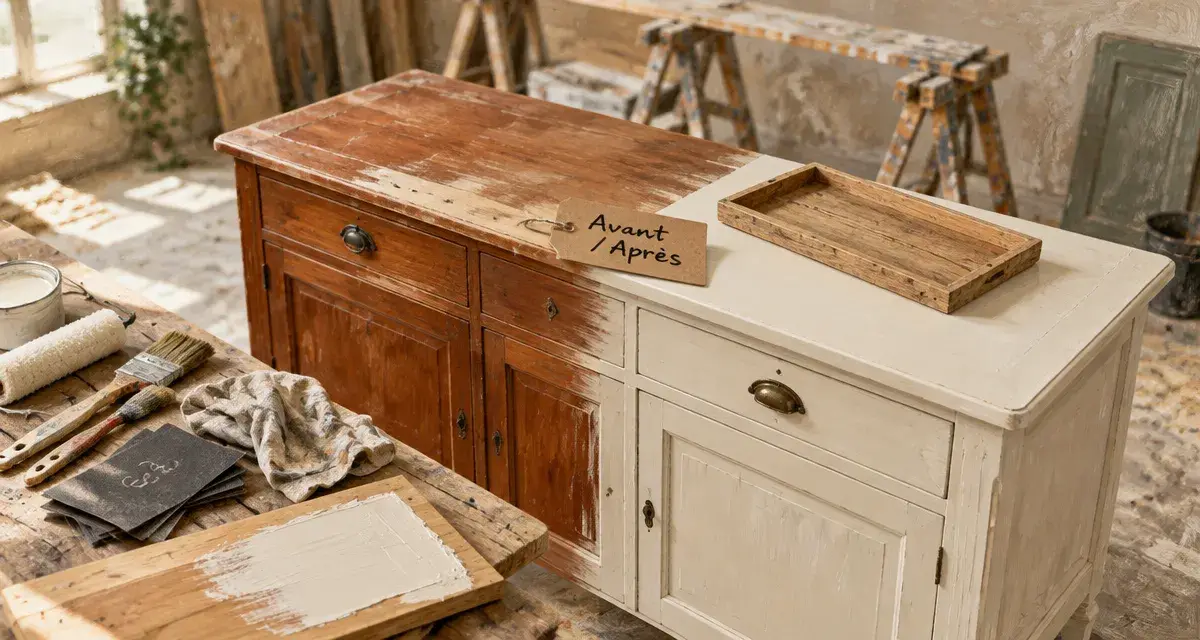Relooking meuble avant après : buffet modernisé merisier blanc cassé