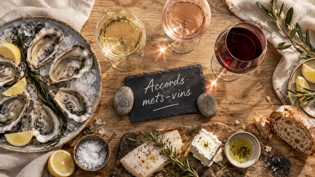 Tableau des accords mets et vins : poisson, fromage, dessert