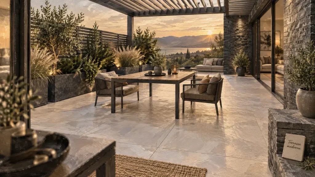 Terrasse de maison moderne : des lignes nettes, un jardin chaleureux et des usages bien pensés